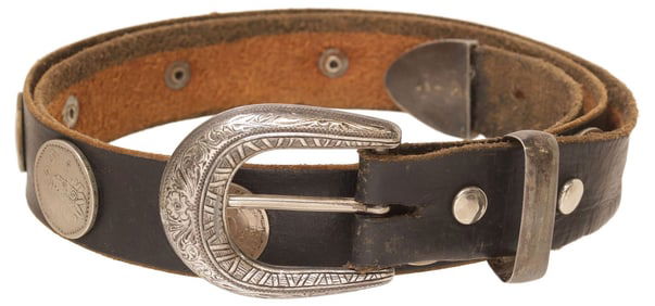 SOUTHWEST COIN CONCHO BELT, STANDING LIBERTY QUARTER DOLLARS & PESOS