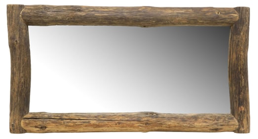 LARGE RUSTIC LOG-FRAMED OVERMANTEL MIRROR, 42.5" X 83"