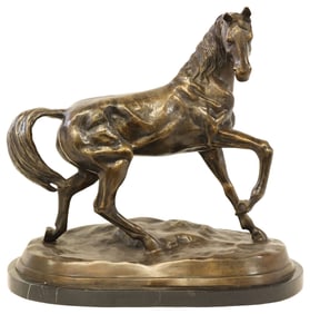 LARGE BRONZE EQUESTRIAN SCULPTURE ON MARBLE BASE, 18"H