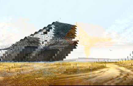 KEN FLEISCH (TX, 1943-2008) RUSTIC FARMHOUSE & BARN PAINTING, 24" X 36"