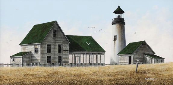 KEN FLEISCH (TX, 1943-2008), BEACH HOUSE & LIGHTHOUSE LANDSCAPE PAINTING