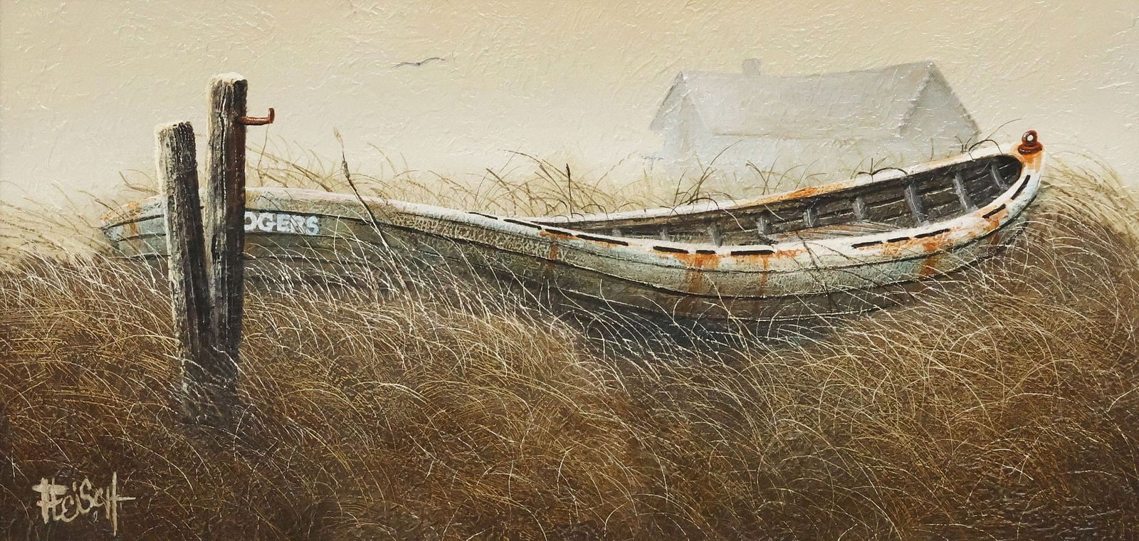 KEN FLEISCH (TX, 1943-2008) RUSTIC LANDSCAPE PAINTING WITH ROWBOAT (1 of 5)