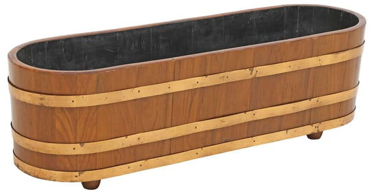 ENGLISH COPPER-BOUND MAHOGANY OVAL PLANTER, 41"W