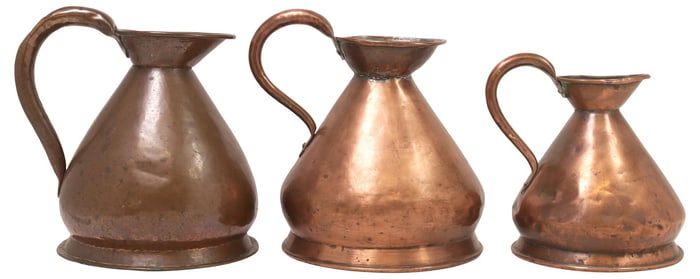 (9) ENGLISH VICTORIAN COPPER HARVEST JUGS / MEASURES, LATE 19THC.