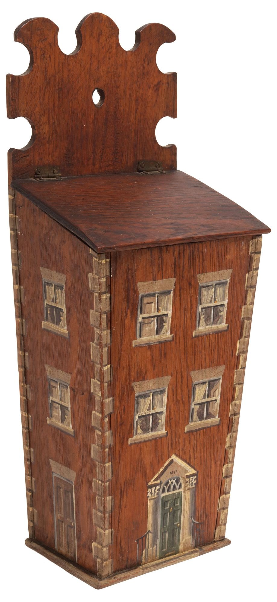 ENGLISH HOUSE FACADE PAINT-DECORATED OAK CANDLE BOX: English painted-decorated oak candle box, 19th c., shaped backboard above, the exterior later painted as a Georgian country house facade with tromp l'oeil doors, windows, and quoined edges, approx 17.
