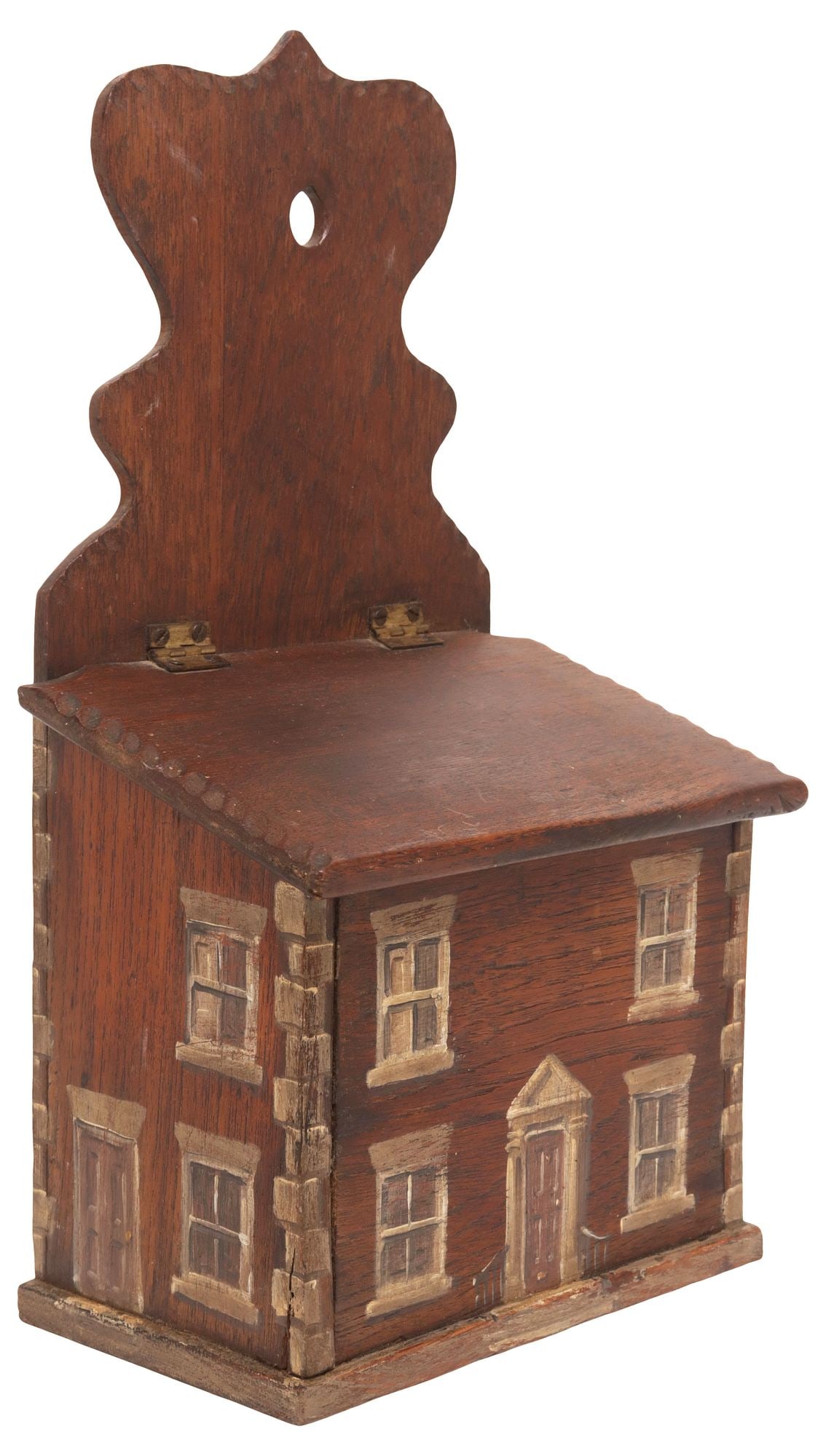 ENGLISH HOUSE FACADE PAINT-DECORATED OAK CANDLE BOX: English painted-decorated oak candle box, 19th c., shaped backboard above, the exterior later painted as a Georgian country house facade with tromp l'oeil doors, windows, and quoined edges, approx 15.