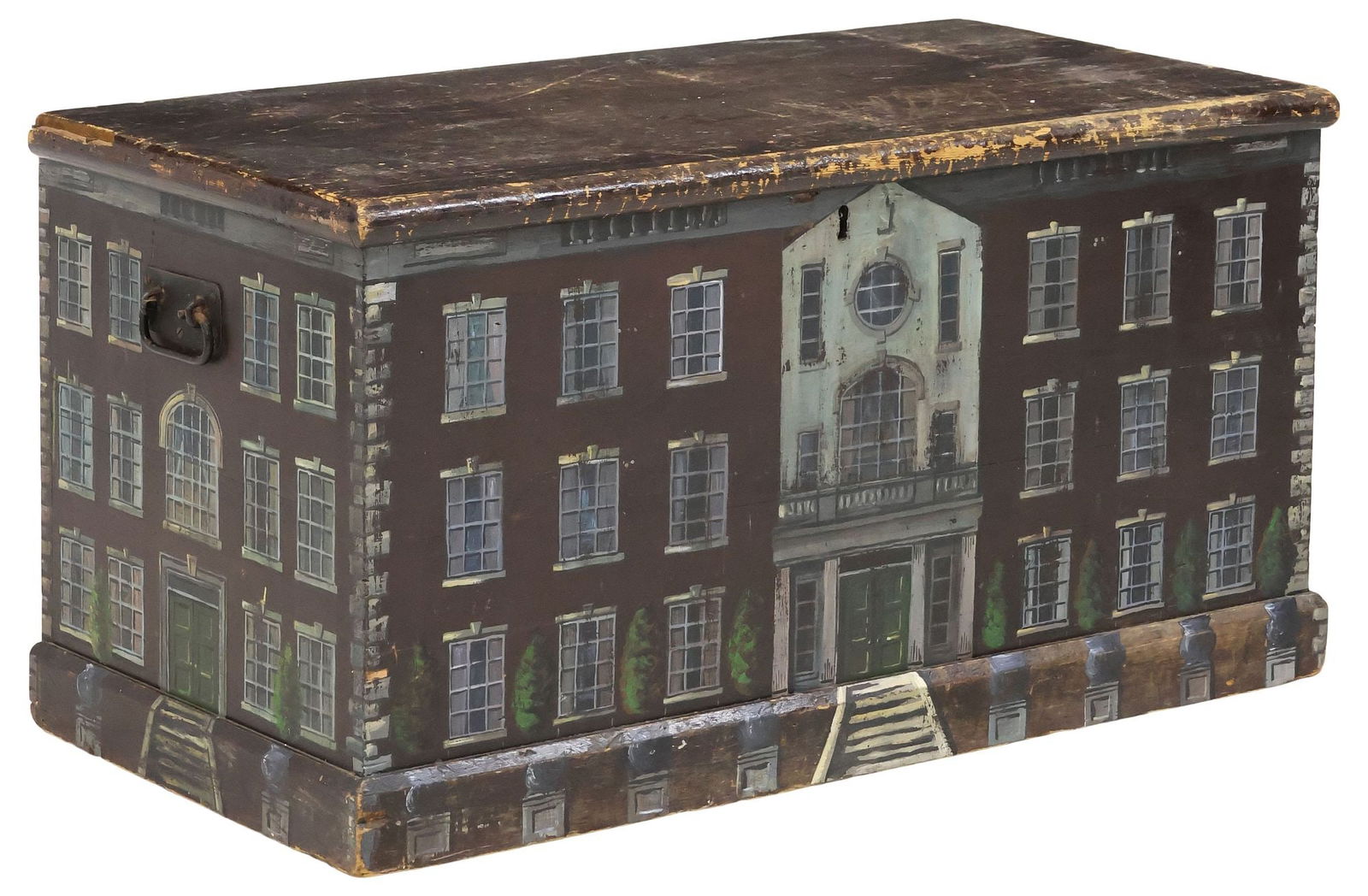 ENGLISH PAINT-DECORATED HOUSE FACADE STORAGE CHEST: Large English paint-decorated pine blanket chest/ storage trunk, 19th c., exterior later painted as a Georgian style country house facade with trompe l'oeil doors, windows, and quoined edges, dual iro