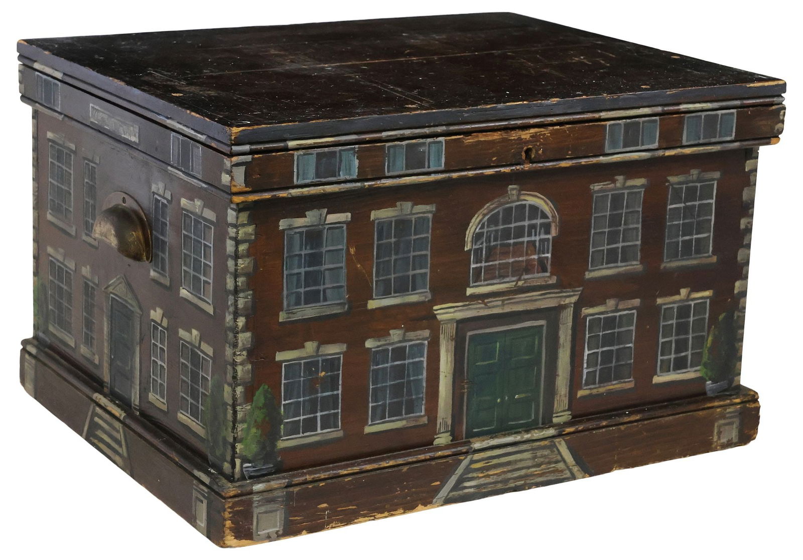 LARGE ENGLISH HOUSE FACADE PAINT-DECORATED WORK BOX: English paint-decorated mahogany work box, 19th c., exterior later painted as a Georgian house facade with tromp l'oeil doors, windows, and quioned corners, brass handles at either side, hinged top re