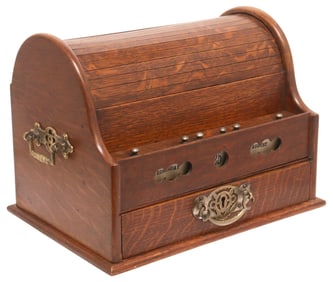 ENGLISH EDWARDIAN OAK TAMBOUR-TOP CORRESPONDENCE BOX W/ PERPETUAL CALENDAR