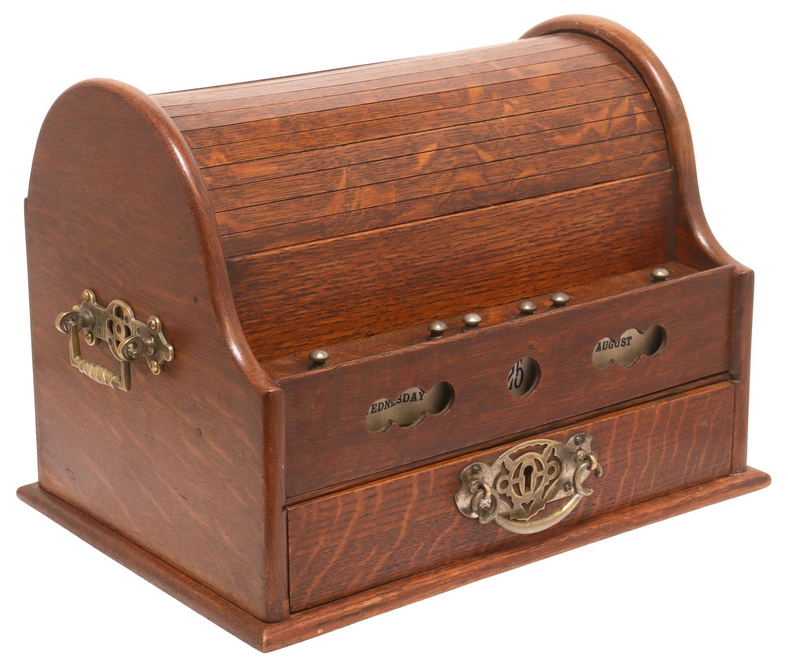 ENGLISH EDWARDIAN OAK TAMBOUR-TOP CORRESPONDENCE BOX W/ PERPETUAL CALENDAR (1 of 6)