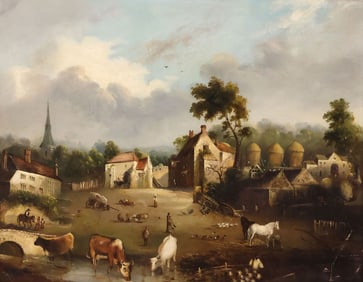 ENGLISH SCHOOL OIL PAINTING, PROVINCIAL VILLAGE LANDSCAPE WITH COWS
