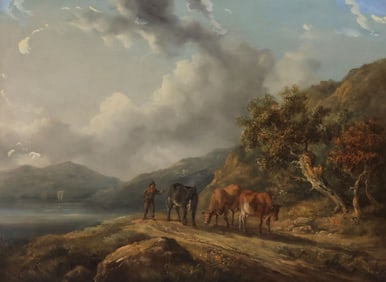 HENRY MILBOURNE (1781-1826) PAINTING, CATTLE HERDER IN LAKESIDE LANDSCAPE