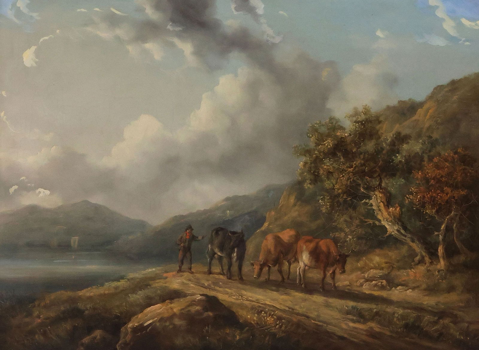 HENRY MILBOURNE (1781-1826) PAINTING, CATTLE HERDER IN LAKESIDE LANDSCAPE (1 of 4)