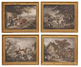 (4) AFTER GEORGE MORLAND (D.1804) HAND-COLORED PRINTS, 'FOX HUNTING' SERIES