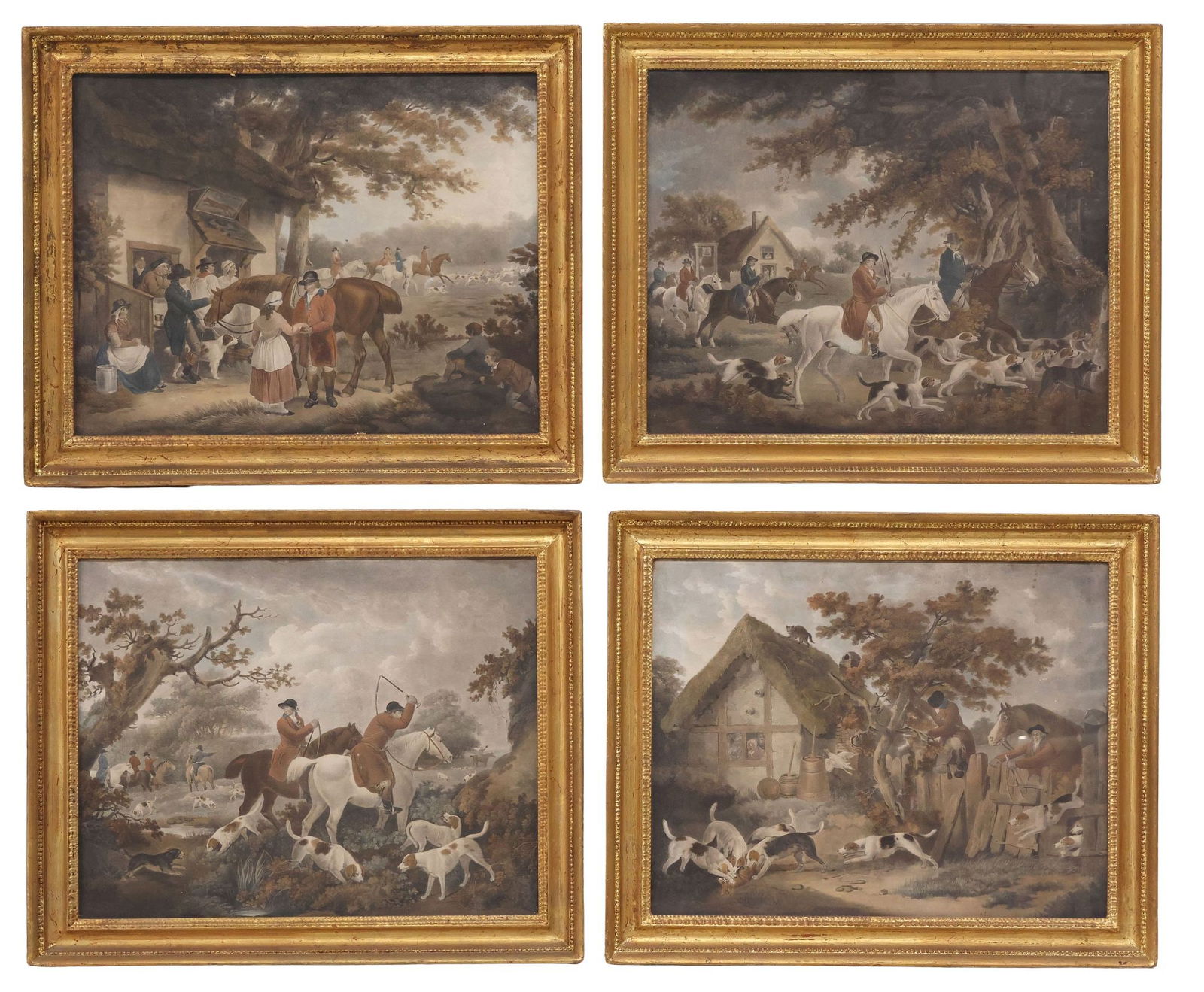 (4) AFTER GEORGE MORLAND (D.1804) HAND-COLORED PRINTS, 'FOX HUNTING' SERIES (1 of 6)