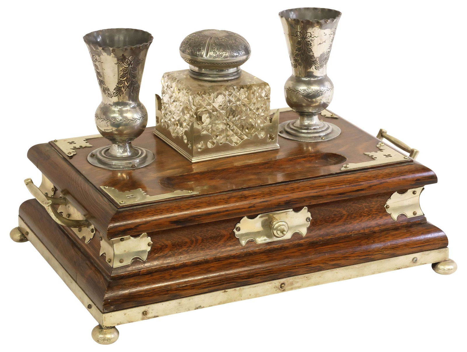 IMPRESSIVE ENGLISH VICTORIAN OAK & SILVERPLATE DESK STAND / 1896 RUNNING TROPHY: Impressive English Victorian oak desk stand/presentation trophy, late 19thc., the top featuring a pair of fluted and engraved vases, large central fitted hobnail-cut glass inkwell, with floral decorat