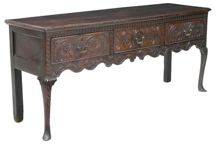 ENGLISH FLORAL & FOLIATE CARVED OAK DRESSER BASE, EARLY 19THC.