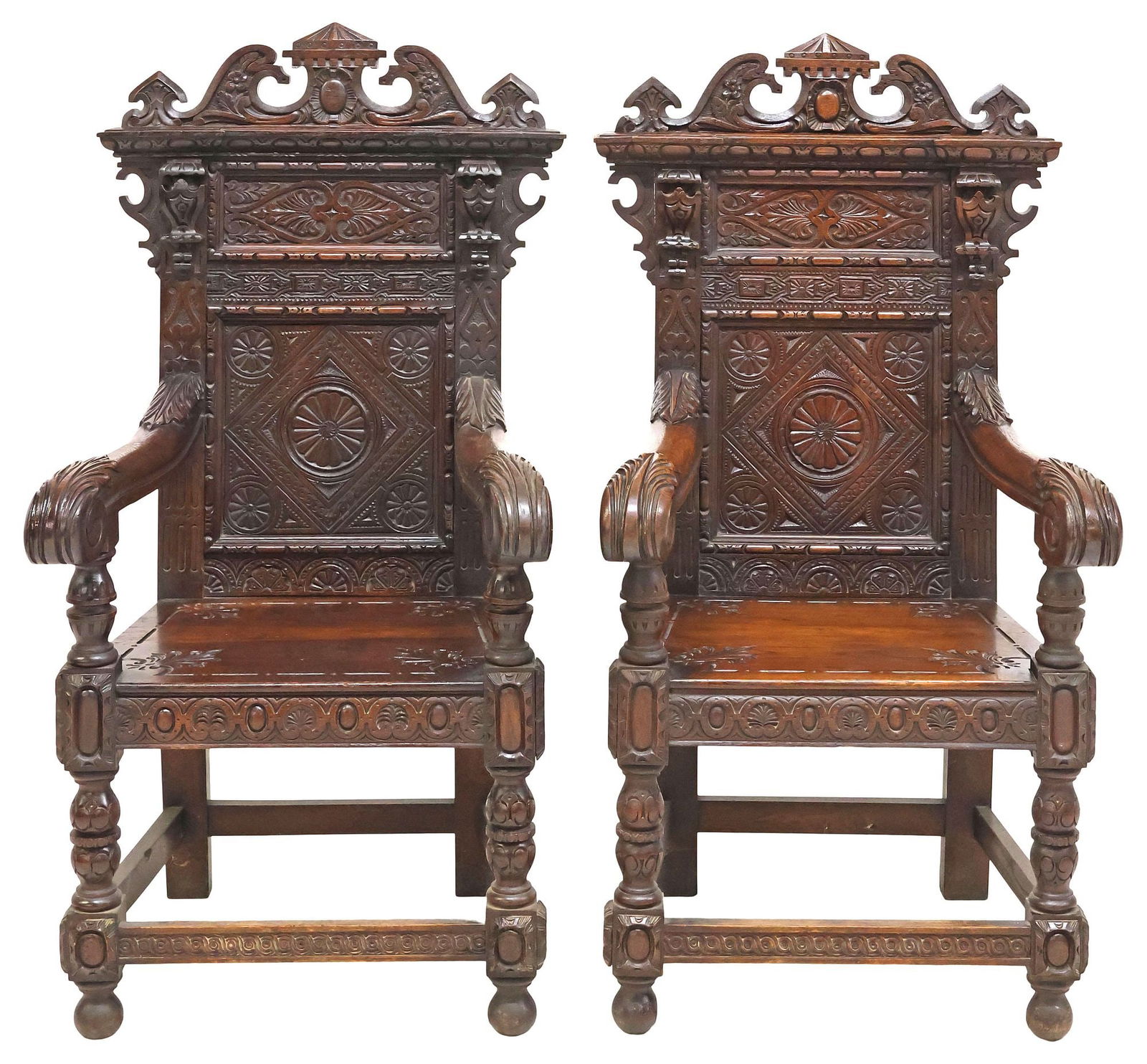 (2) ENGLISH CARVED OAK WAINSCOT ARMCHAIRS (1 of 5)