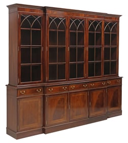 LARGE ENGLISH GEORGIAN STYLE MAHOGANY BREAKFRONT BOOKCASE, 105.5"L