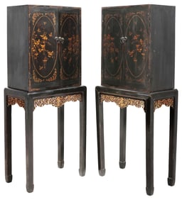 (2) CHINESE PARCEL-GILT BLACK LACQUER CABINETS ON STANDS