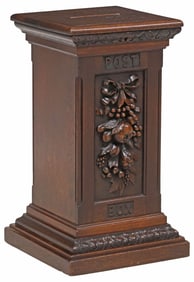 ENGLISH CARVED OAK CARDINAL & FRUIT MOTIF POST BOX/ MAILBOX