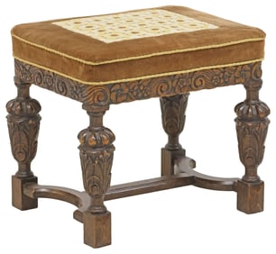 ENGLISH JACOBEAN STYLE CARVED OAK UPHOLSTERED STOOL