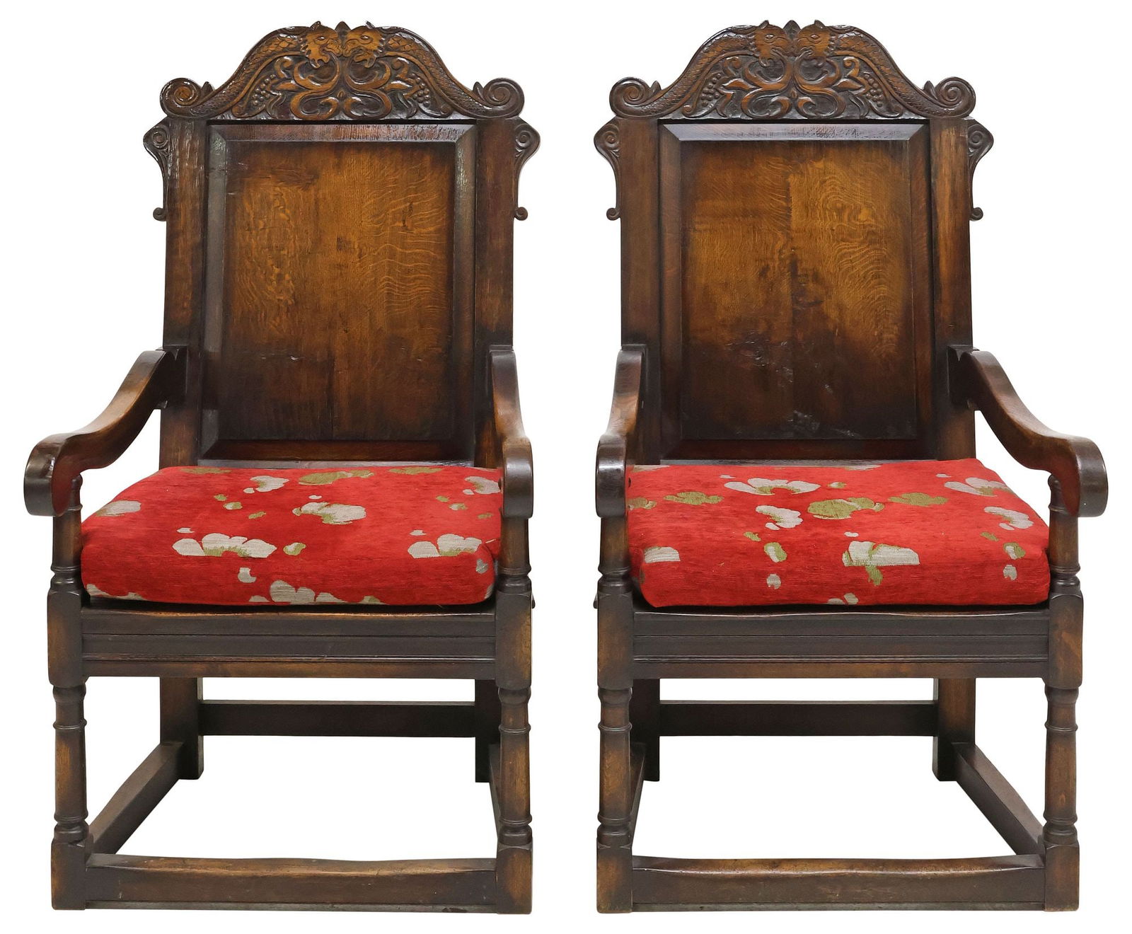 (2) ENGLISH CARVED OAK HIGHBACK WAINSCOT ARMCHAIRS (1 of 4)
