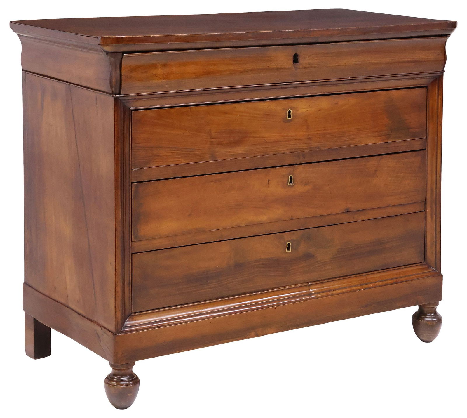 FRENCH LOUIS PHILIPPE PERIOD WALNUT 4-DRAWER COMMODE: French Louis Philippe period walnut commode, mid 19th c., having rounded rectangular top, above four drawers, rising on tapering bun feet, topmost drawer lacking escutcheon, stable filled splits to bo