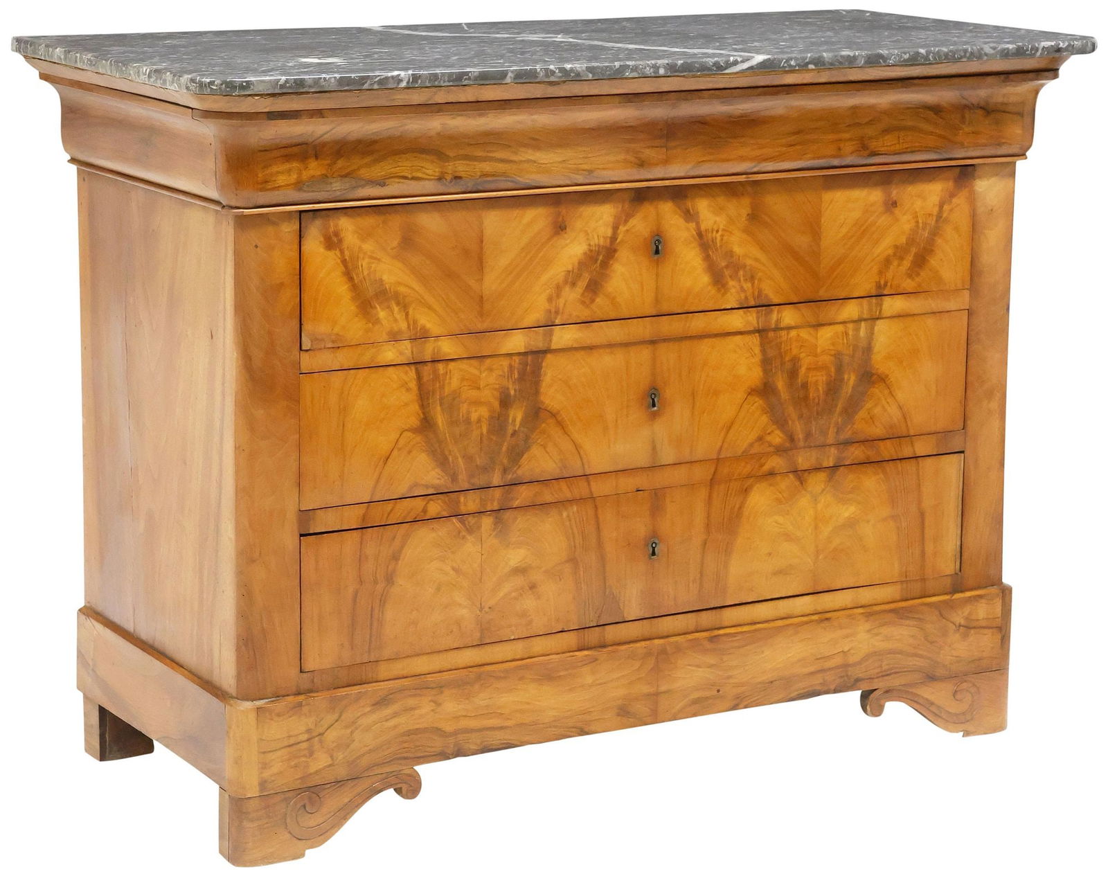 FRENCH LOUIS PHILIPPE MARBLE-TOP FIGURED WALNUT COMMODE: French Louis Philippe period burled walnut commode, mid 19th c., having rounded marble top, over protruding frieze drawer, and three long drawers, rising on ogee bracket feet, approx 36"h, 49.75"w, 22