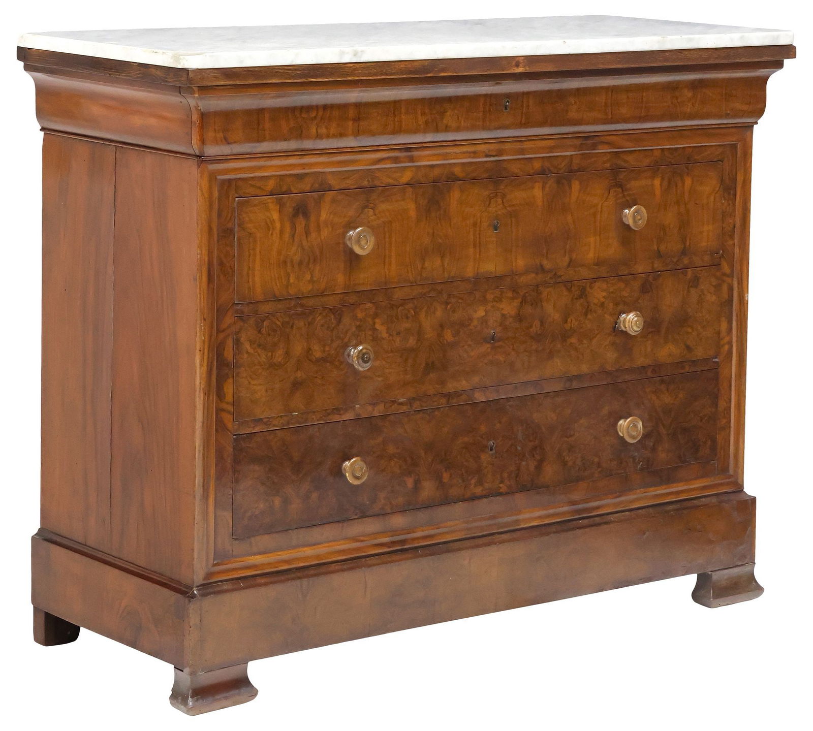 FRENCH LOUIS PHILIPPE PERIOD MARBLE-TOP BURL WALNUT COMMODE: French Louis Philippe burled walnut commode, mid 19th c., having rounded-edge marble top, over frieze drawer, and three long drawers, on bracket feet, front left corner of marble ground down, approx 3