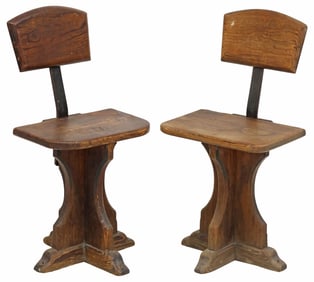 (2) ENGLISH VICTORIAN INDUSTRIAL OAK & CAST IRON SHOP / SCHOOL CHAIRS