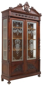 ITALIAN RENAISSANCE REVIVAL CARVED WALNUT DISPLAY BOOKCASE, 100"H