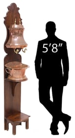 TALL FRENCH PROVINCIAL COPPER LAVABO ON OAK BACKBOARD, 80"H