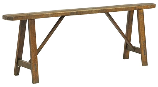 RUSTIC OAK TRESTLE-SUPPORT FARMHOUSE BENCH