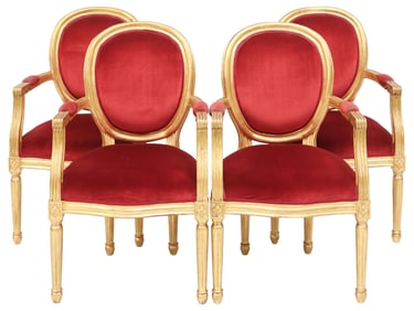 (4) FRENCH LOUIS XVI STYLE UPHOLSTERED GILTWOOD ARMCHAIRS