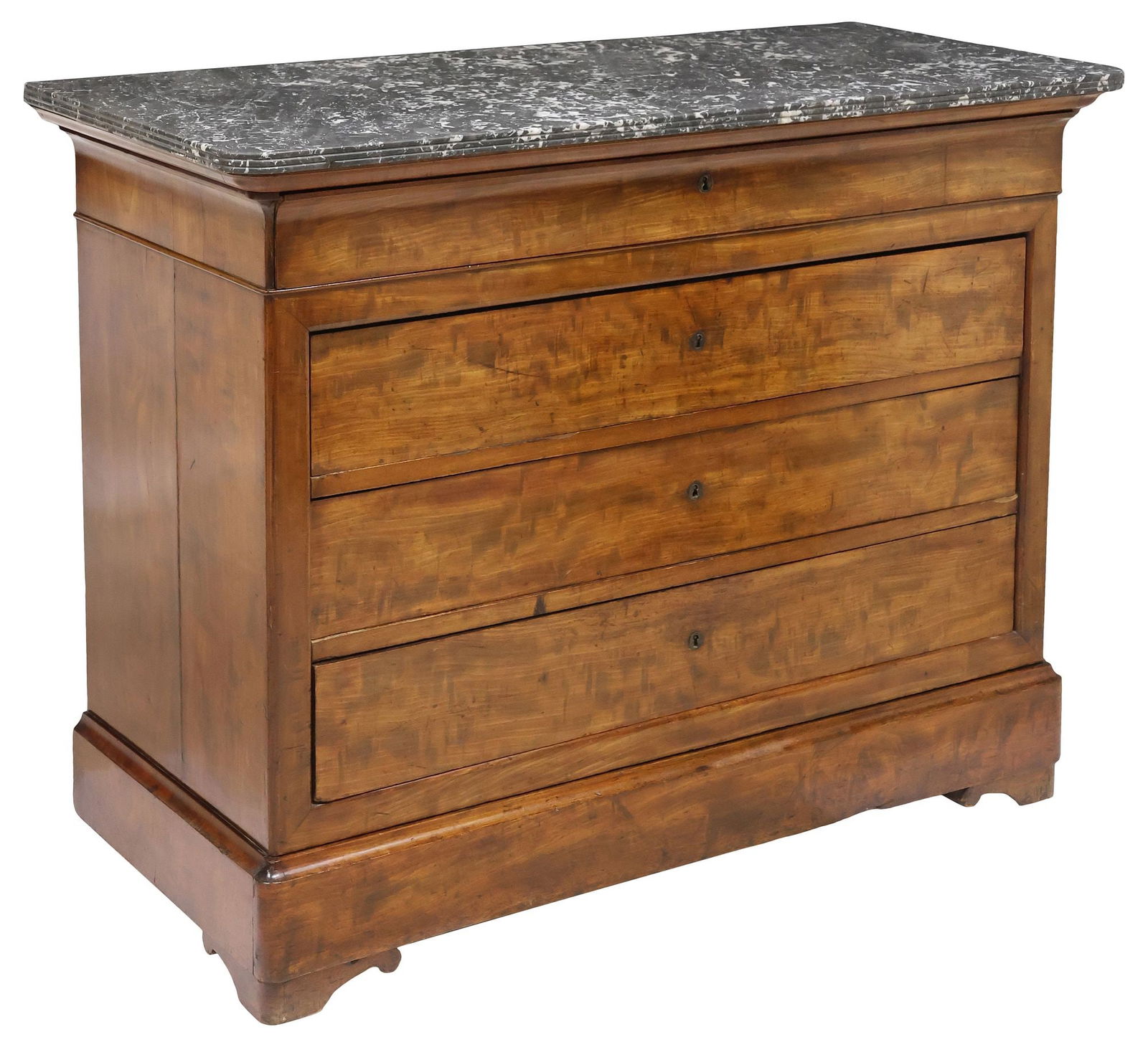 FRENCH LOUIS PHILIPPE MARBLE-TOP BURLED WALNUT COMMODE: French Louis Philippe figured walnut commode, mid 19th c., having fixed marble top with fluted edge, over four drawers, ending on bracket feet, approx 36.5"h, 49 7/8"w, 22 7/8"d