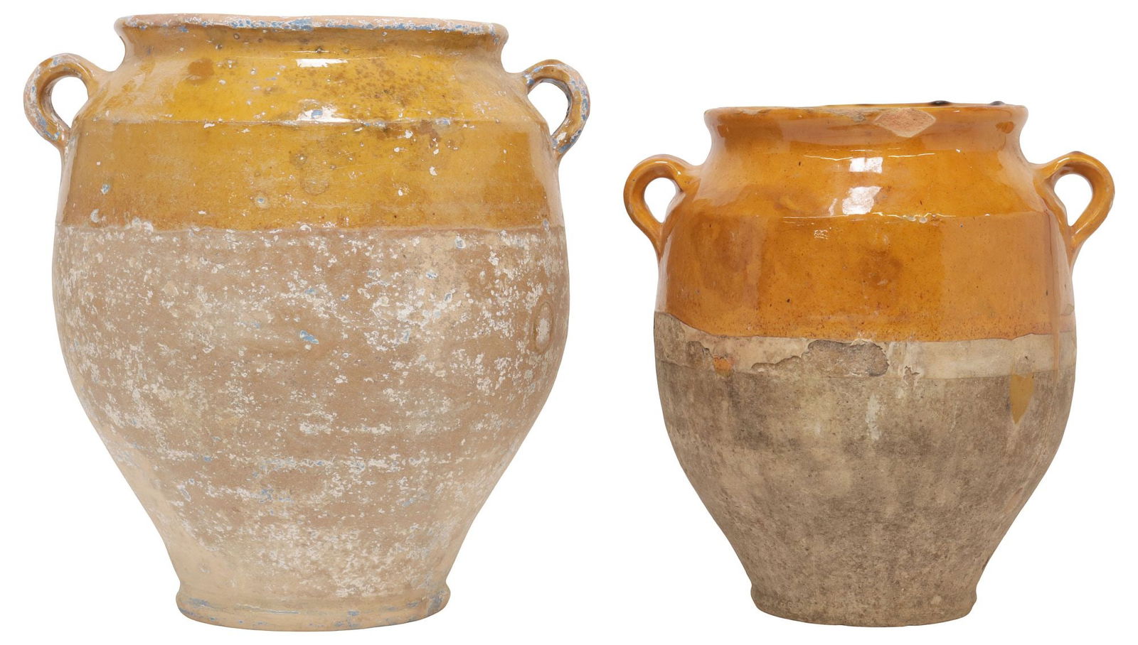(2) FRENCH OCHRE-GLAZED EARTHENWARE CONFIT POTS: (lot of 2) French Provincial earthenware confit jars, each with ochre-glazed rim and pulled handles, typical glaze losses and small chips, largest: approx 12"h, 11"w, 9.5"d, 13lbs total