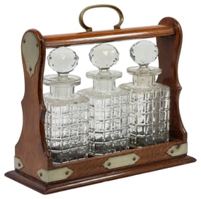 ENGLISH VICTORIAN OAK & CUT GLASS TANTALUS SET