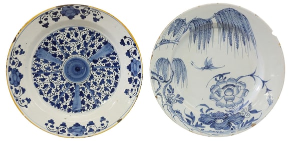 (2) DUTCH & ENGLISH DELFT BLUE & WHITE CHARGERS, 18THC.