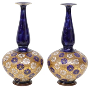 (2) ENGLISH ROYAL DOULTON SLATERS PATENT GILDED LACE BOTTLE VASES