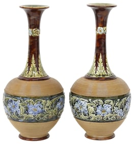 (2) ENGLISH DOULTON LAMBETH ENAMELED STONEWARE BOTTLE VASES