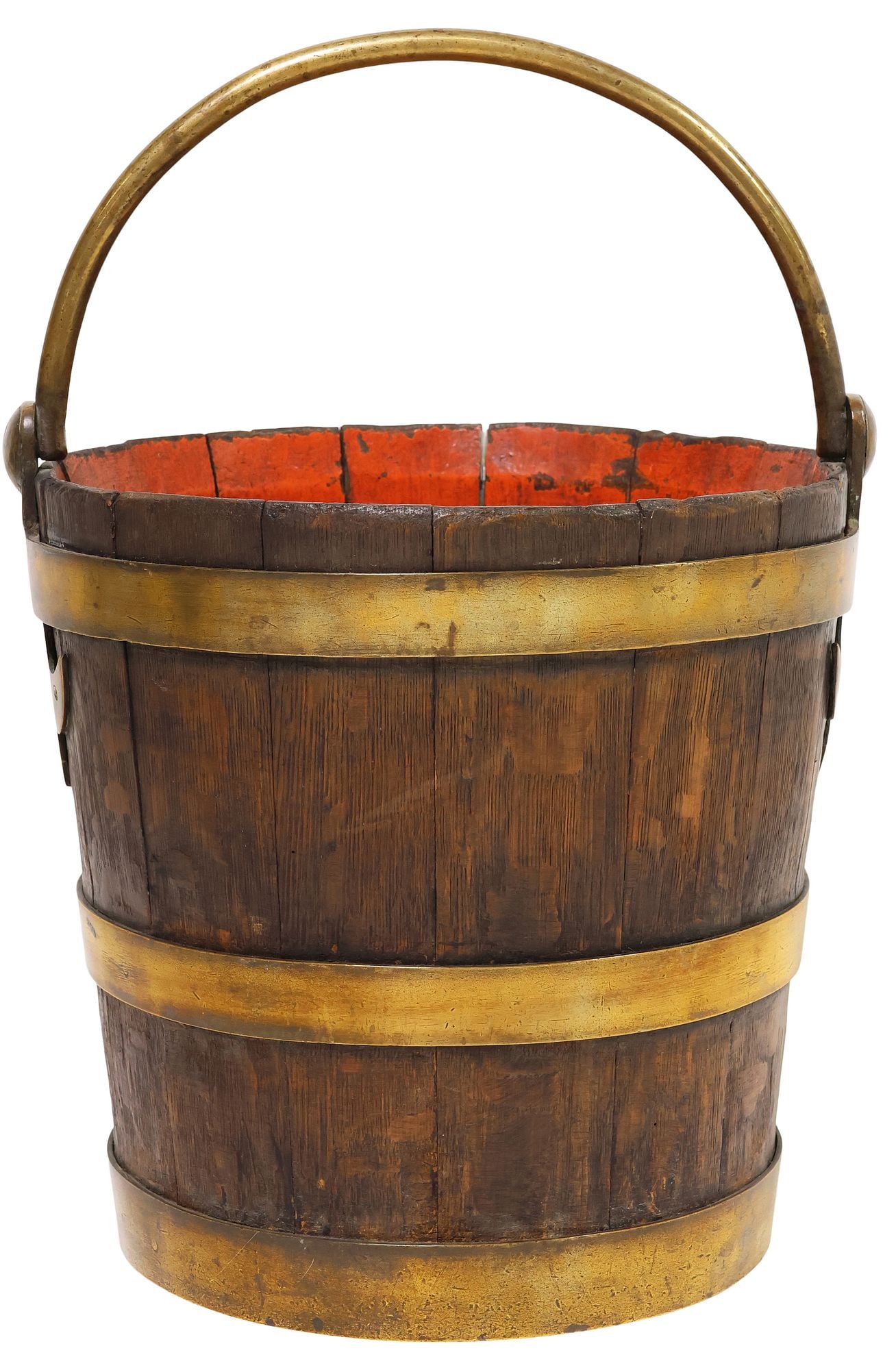 ENGLISH BRASS-BOUND COOPERED OAK STAVE BUCKET: English brass-banded oak peat bucket, early 19th c., arched swing handle, red painted interior, approx 12"h, 11.5"diam, 10lbs