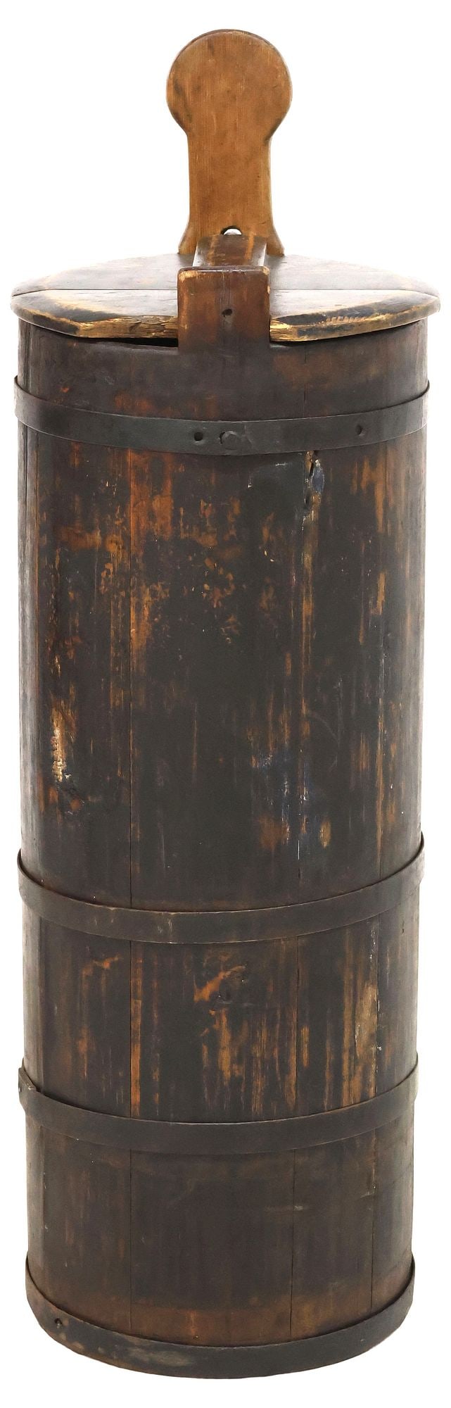 ENGLISH IRON-BANDED OAK STAVE BARREL / BUTTER CHURN, 21"H: English iron-bound coopered oak stave barrel or butter churn, early 20th c., topped by removal lid, approx 21"h, 10"diam, 10.75lbs