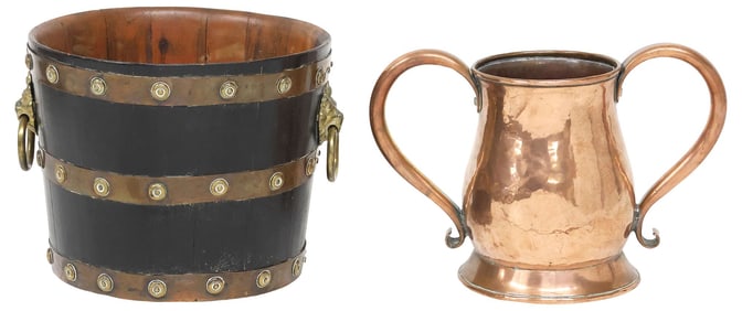 (2) ENGLISH COOPERED OAK BARREL & COPPER TANKARD