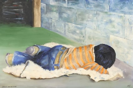 SIGNED RYNO FIGURAL PAINTING, 'NAVAJO RUG AUCTION,' 24" X 36"