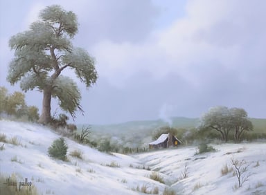 LARRY PRELLOP (TEXAS, B.1949) PAINTING, WINTER CABIN LANDSCAPE, 18" X 24"