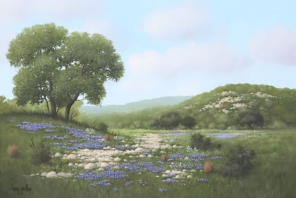 LARRY PRELLOP (TEXAS, B.1949) PAINTING, BLUEBONNETS LANDSCAPE, 24" X 36"