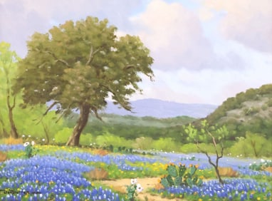 DON WARREN (TEXAS, 1935-2006) BLUEBONNETS LANDSCAPE PAINTING, 12" X 16"