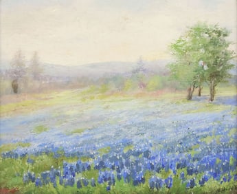 NANNIE HUDDLE (TEXAS, 1860-1951) BLUEBONNET LANDSCAPE PAINTING