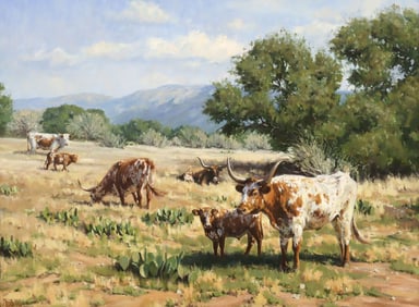 BRIAN GRIMM (TX, B.1968) OIL PAINTING OF LONGHORNS, 'THE LOUNGE,' 30" X 40"
